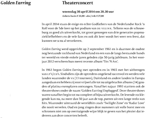 Golden Earring show promotion Tongeren - De Velinx
